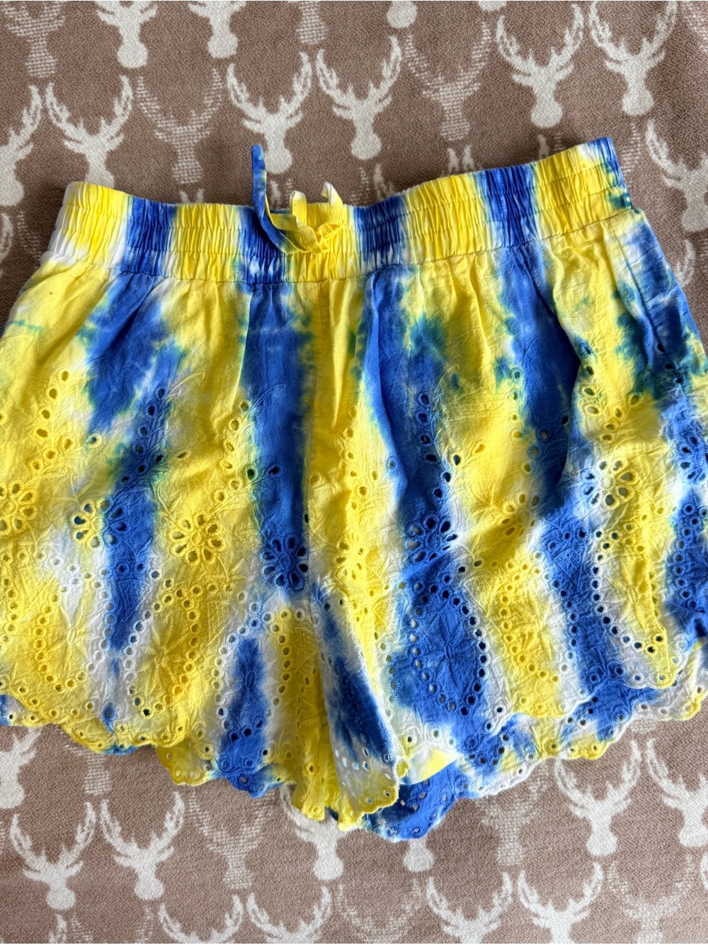 Yellow & Blue Tie-Dye Eyelet Girls Shorts